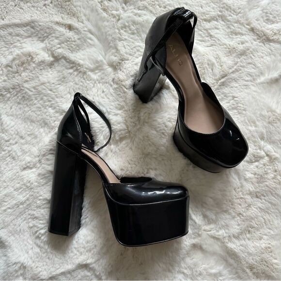Aldo craybaen ankle strap heeled shoe platform goth black size 7.5 - Picture 1 of 15
